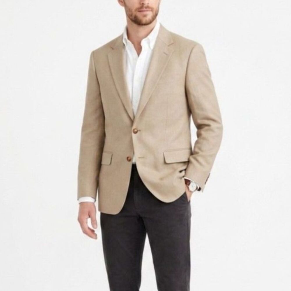 Brooks Brothers 346 Men's Tan Wool Linen Blend Classic Blazer Jacket Size 43L